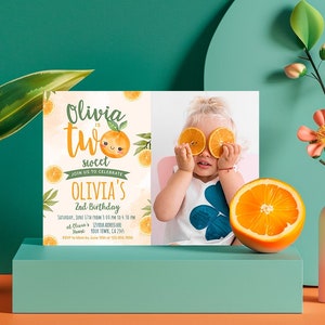 Little Cutie 2nd Birthday Editable Invitation with Photo, Two Sweet, Orange Birthday Party Invite Template, Summer Party, Instant Download