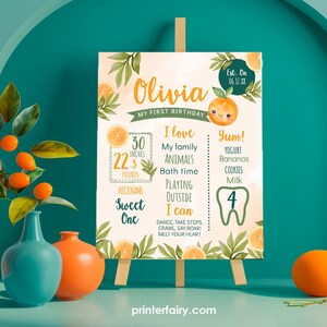 Little Cutie First Birthday Stats Board, First Birthday Party Sign, Orange Party Editable Milestones Board, Instant Download