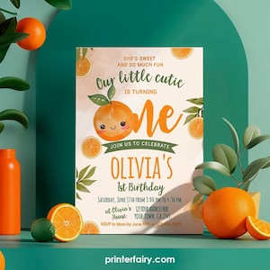 Little Cutie 1st Birthday Invitation, Orange Birthday Invitation, Orange Party, Editable Invitation, Instant Download Template