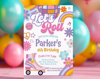 Roller Skate Birthday Party Invitation, Retro 90s Theme (Editable Template)
