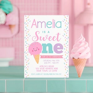 Ice Cream Invitation, First Birthday, EDITABLE Invitation, Ice Cream 1st birthday Invitation, Sweet One Invitation, EDIT YOURSELF with Corjl