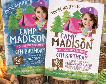 Camping Party Invitation Personalized with Photo,(Digital or Printable Invitation)
