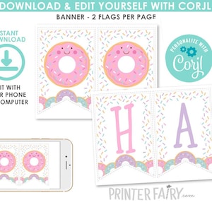 Donut  Banner, EDITABLE,Donut Printable Banner, EDIT YOURSELF, Donut Birthday Decorations, Sprinkles Party, Instant Download
