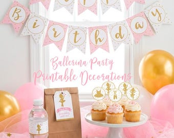 Ballerina Birthday Party Decor Bundle | Pink & Gold Ballet Decorations | Printable Birthday Set | Instant Download
