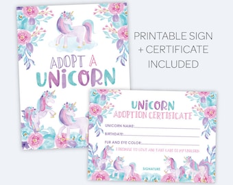 Unicorn Adoption Party, Unicorn Adoption Certificate and Sign, Pet Adoption Party, Magical Birthday Party, INSTANT DOWNLOAD