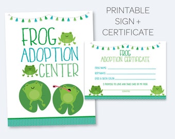 Frog Adoption Party, Pet Adoption Sign + Adoption Certificate, Printable sign and certificate, Pet Adoption Party, INSTANT DOWNLOAD