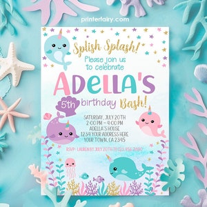 Narwhal Invitation, Mermaid Birthday Party, Under the Sea Invitation, Narwhal Birthday Party, Sea Unicorn, EDIT YOURSELF Digital Invitation