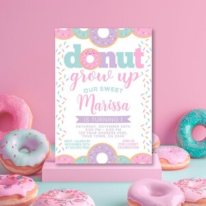 Donut Grow Up Birthday Invitation, Editable Donut Party Theme Invitation Template, Instant Download