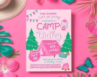 Pink Camping Birthday Invitation, Editable Template (Digital Download)