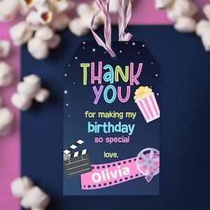 Movie Night Party Favor Tags Editable Template Thank You Tags, Movie Printable Gift Tags, Instant Download