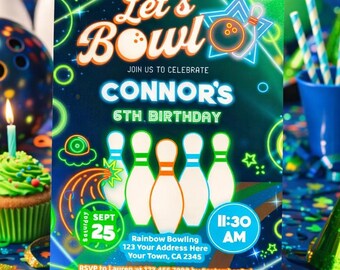 Bowling Birthday Party Invitation Editable Template, Instant Download