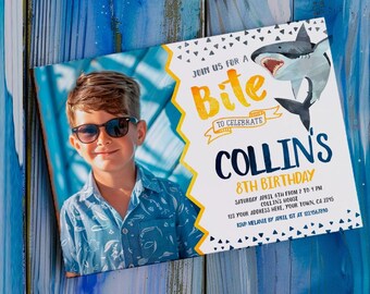 May include: A blue and white birthday invitation with a shark illustration and the text "Join us for a Bite to celebrate Collin's 8th Birthday".