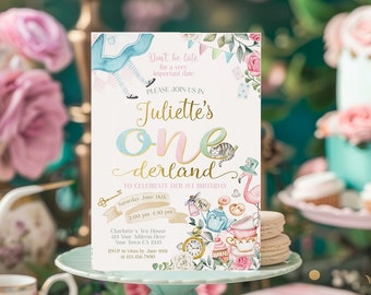 Alice in Onederland verjaardagsuitnodiging, bewerkbare sjabloon (directe download)