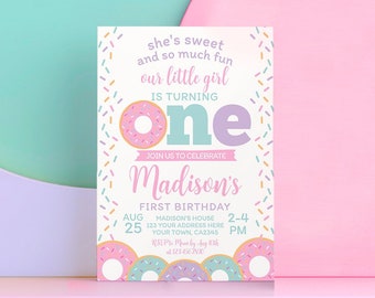 EDITABLE Donut First Birthday Invitation, Sprinkles 1st Birthday Party, Donut Party, First Birthday EDIT YOURSELF Digital Invite