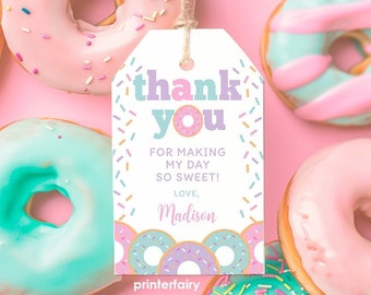 Bearbeitbare Donut Favor Tags, Streusel Geburtstag (Digitaler Download)