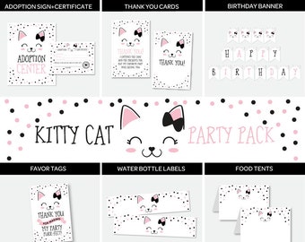 Kitty Cat Adoption Full Party Package, NOT EDITABLE, Pet Adoption Party, Kitty Cat Birthday Party, Black & Pink, Printable, INSTANT Download