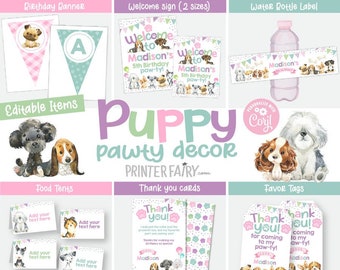 Puppy Birthday Party Decorations, EDITABLE, Pet Adoption Party, Banner, Sign, Favor Tags, Thank You Cards and more INSTANT DOWNLOAD