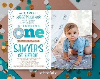 Donut First Birthday Invitation Template with Photo (Digital Download)