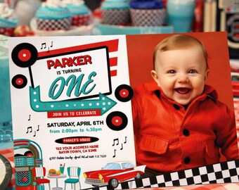Diner First Birthday Invitation with Photo, Retro 1950's Party (Digital Download)