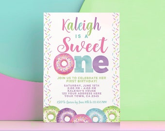 Donut 1st Birthday Invitation, Sweet One Theme (Digital Download)