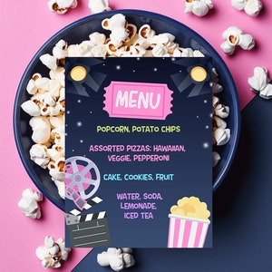Movie Night Editable Menu Printable Template, Movie Night Party Printable Decorations, Instant Download