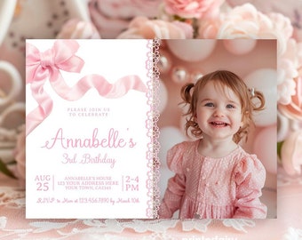 Pink Bow Birthday Invitation Template, Coquette Party (Instant Download)