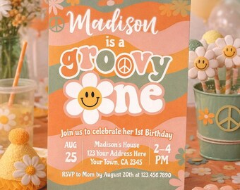 Zaproszenie na urodziny Groovy One, zaproszenie na pierwszą imprezę w stylu retro hippie (edytowalne do pobrania)