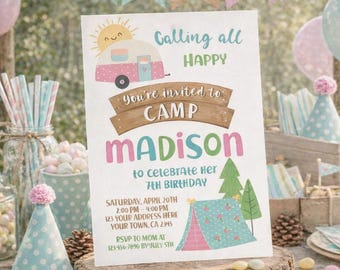 Camping Birthday Invitation Editable Template, Happy Camper Party, Instant Download