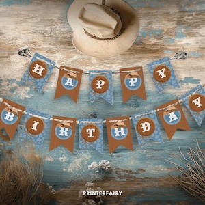 Rodeo Geburtstagsparty Banner, bearbeitbar, Cowboy Geburtstagsbanner, Sattel auf und Galopp, Wildwestdekorationen, Wimpelkette, bedruckbar