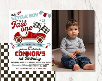 Race Car 1st Birthday Invitation with Photo, Editable (Digital Item)