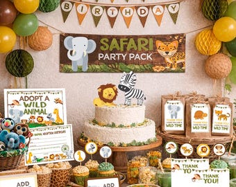 May include: A safari-themed birthday party setup with a cake, cupcakes, and decorations. Includes a banner that says "Happy Birthday" and a sign that says "Safari Party Pack". There are balloons, paper lanterns, and animal-themed party favors.