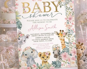 Dschungel-Babyparty-Einladung, bearbeitbare tropische Safari-Tiere (Digitaler Download)
