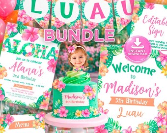 Luau Party Bundle: Editable Invitation, Signs, Toppers (Digital Download)