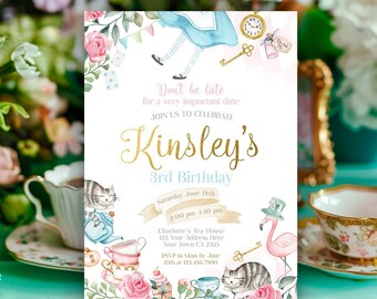 Alice in Wonderland Birthday Invitation, Floral Tea Party, Editable (Digital Download)