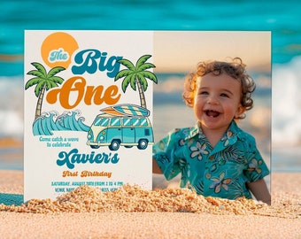 Inbjudan till Retro Surf-födelsedag, foto, Big One (DIREKT NEDLADDNING)