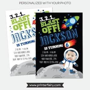 Astronaut Invitation with Photo, Outer Space Birthday Party, Rocket Ship Invitation, Personalized Digital Invitation