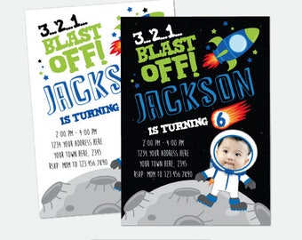 Astronaut Invitation with Photo, Outer Space Birthday Party, Rocket Ship Invitation, Personalized Digital Invitation