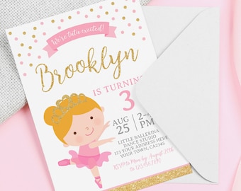 May include: A pink and gold birthday invitation for a girl turning three. The invitation features a cartoon ballerina with a pink tutu and a gold crown. The text on the invitation reads "We're tutu excited! Brooklyn is turning 3. Aug 25 | 2-4 PM. Little Ballerina Dance Studio. 123 Your Address Here. Your Town, CA2345. RSVP to Mom by August 20th to 123.456.7890."