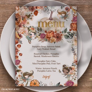 Pumpkin Fairy Birthday Party Menu: Fairytale & Woodland Food Table Sign, Fall Baby Shower Dinner List, Instant Download Editable with Corjl.