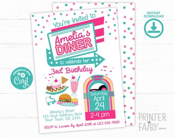 Diner Birthday Invitation, 50s Invitation, Retro Birthday Party, Music Invitation, Ice Cream Invitation, INSTANT DOWNLOAD