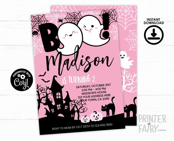 Pink Halloween Birthday Invitation, EDITABLE, Ghost Birthday Invitation, Halloween Party, Boo Invitation, DIGITAL, Instant Download Il_570xn