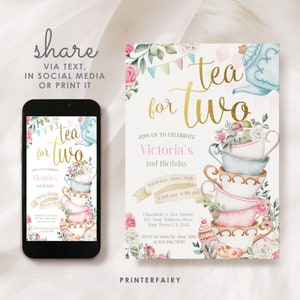 Tea for Two 2nd Birthday Party Invite, Alice in Wonderland Theme, Second Birthday &quot;Par-tea&quot; Invitation, Editable in Corjl