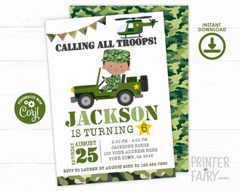 Editable Army Birthday Invitation, Camo Party (Digital Download)