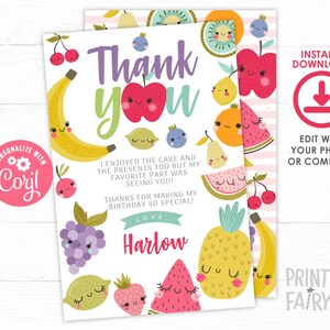 Fruit bedankkaarten, bewerkbaar, Tutti Frutti bedankbriefjes, zomer verjaardagsfeestje, ananas verjaardagsfeestje, Instant Download