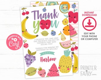 Fruit Thank You Cards, Editable, Tutti Frutti Thank You Notes, Summer Birthday Party, Pineapple Birthday Party, Instant Download