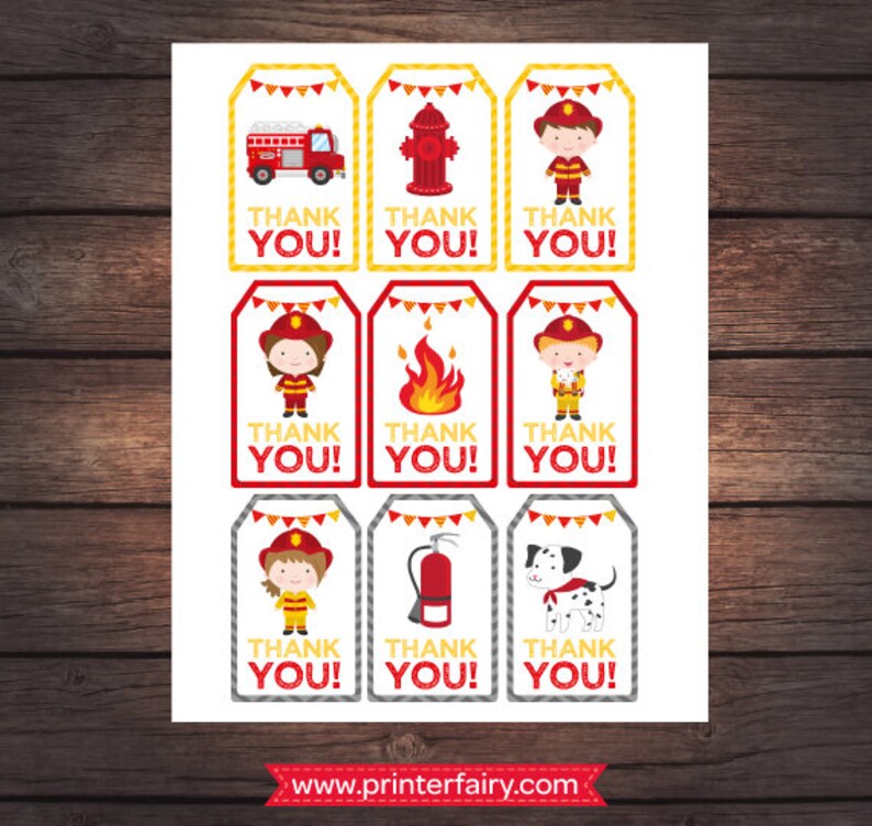 Fireman birthday party, Firefighter thank you tags, Fire fighter favor tags, set of 9, DIGITAL files image 1