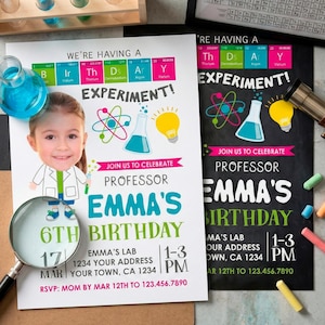 Science Birthday Invitation With Photo, Mad Scientist Party (Digital Custom Invitation) image 1