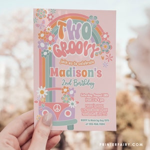 Editable TWO Groovy Invitation 2nd Birthday Party Floral Daisy Invite 70s Hippie Party Rainbow Invitation Digital Instant Download GR1
