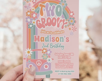 Two Groovy Birthday Invitation, Floral Daisy 70s Theme (Digital Download)
