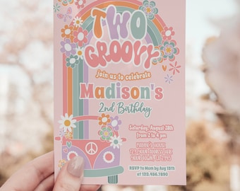 Editable TWO Groovy Invitation 2nd Birthday Party Floral Daisy Invite 70s Hippie Party Rainbow Invitation Digital Instant Download GR1